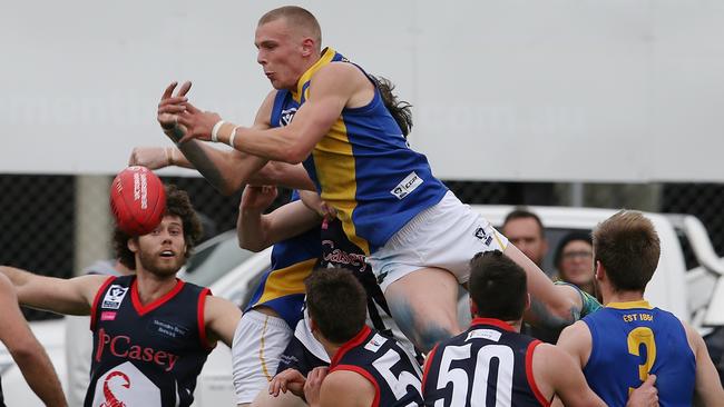 Brett Bewley flies over a pack for Williamstown.