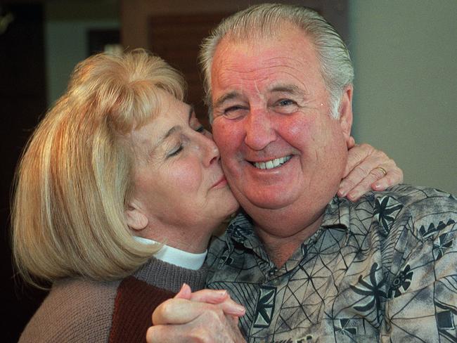 Dawn and Max Hewitt, grandparents of tennis player Lleyton Hewitt, at home in Glengowrie celebrating their grandson winning mens singles championship at Wimbledon 08 Jul 2002. with grandmother grandfather