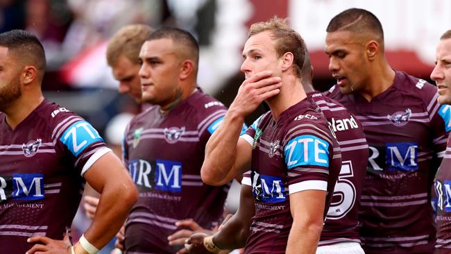 Manly's Daly Cherry-Evans and his teammates after a Parramatta try. Picture: Gregg Porteous