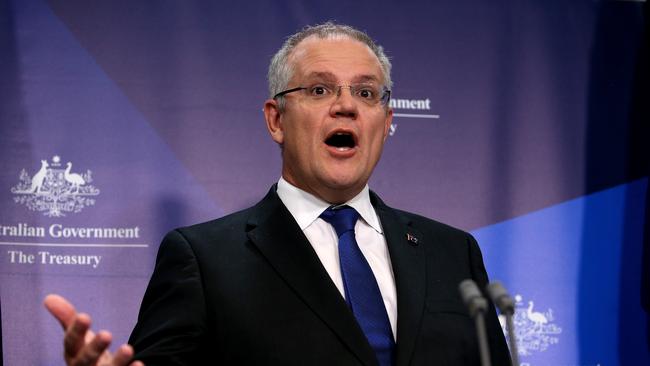 Treasurer Scott Morrison holding a press conference about the Australian National Accounts, at Parliament House in Canberra. (Picture Kym Smith)