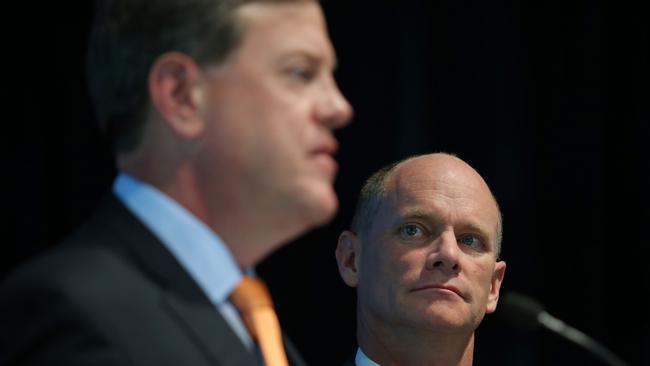 Tim Nicholls and Campbell Newman during the 2015 poll. Pictures: Jack Tran / The Courier Mail