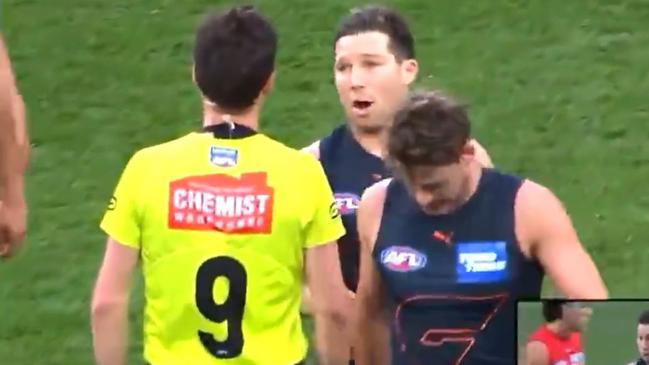 Toby Greene put gun umpire Matt Stevic in the headlines during the elimination final. Picture: Fox Sports