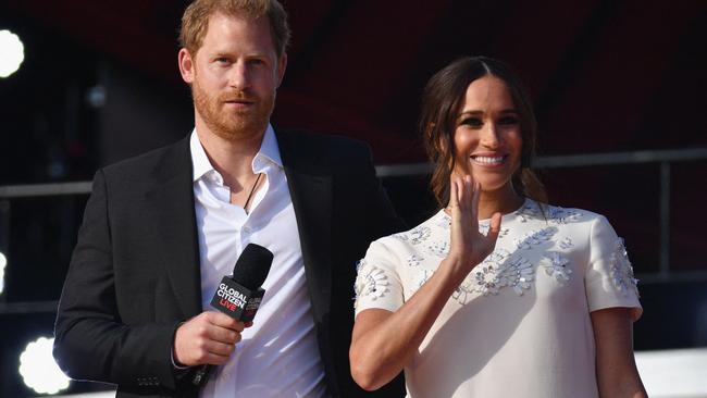 Harry and Meghan have made various trips over the last year, but won’t be going back to England for his grandfather’s memorial. Picture: Angela Weiss/AFP