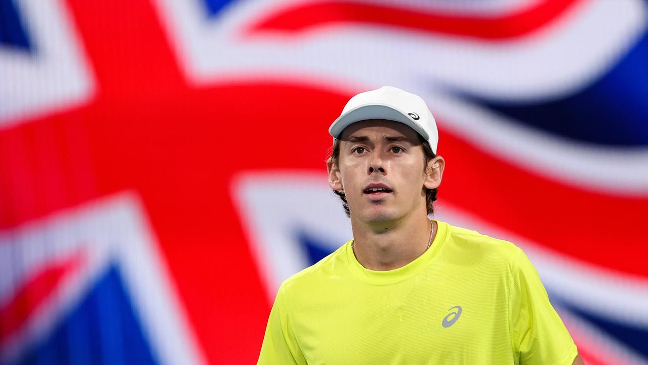 SYDNEY, AUSTRALIA - JANUARY 02: Alex de Minaur of Australia looks on in his group D match against Rafael Nadal of Spain during day five of the 2023 United Cup at Ken Rosewall Arena on January 02, 2023 in Sydney, Australia. (Photo by Brendon Thorne/Getty Images)