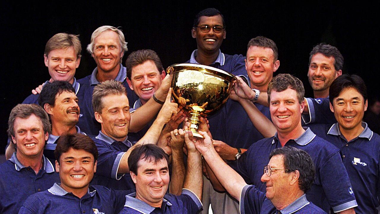 Ernie Els (top left with Greg Norman) and captain Peter Thomson (bottom right) celebrate the International team’s 1998 Presidents Cup triumph at Royal Melbourne.