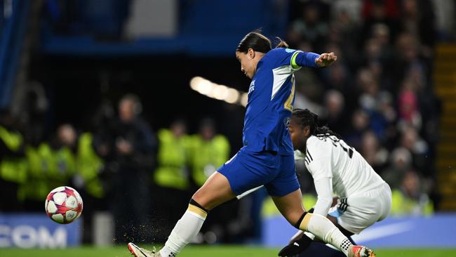 Sam Kerr scores Chelsea's second goal against Paris FC at Stamford Bridge. Picture: Getty Images