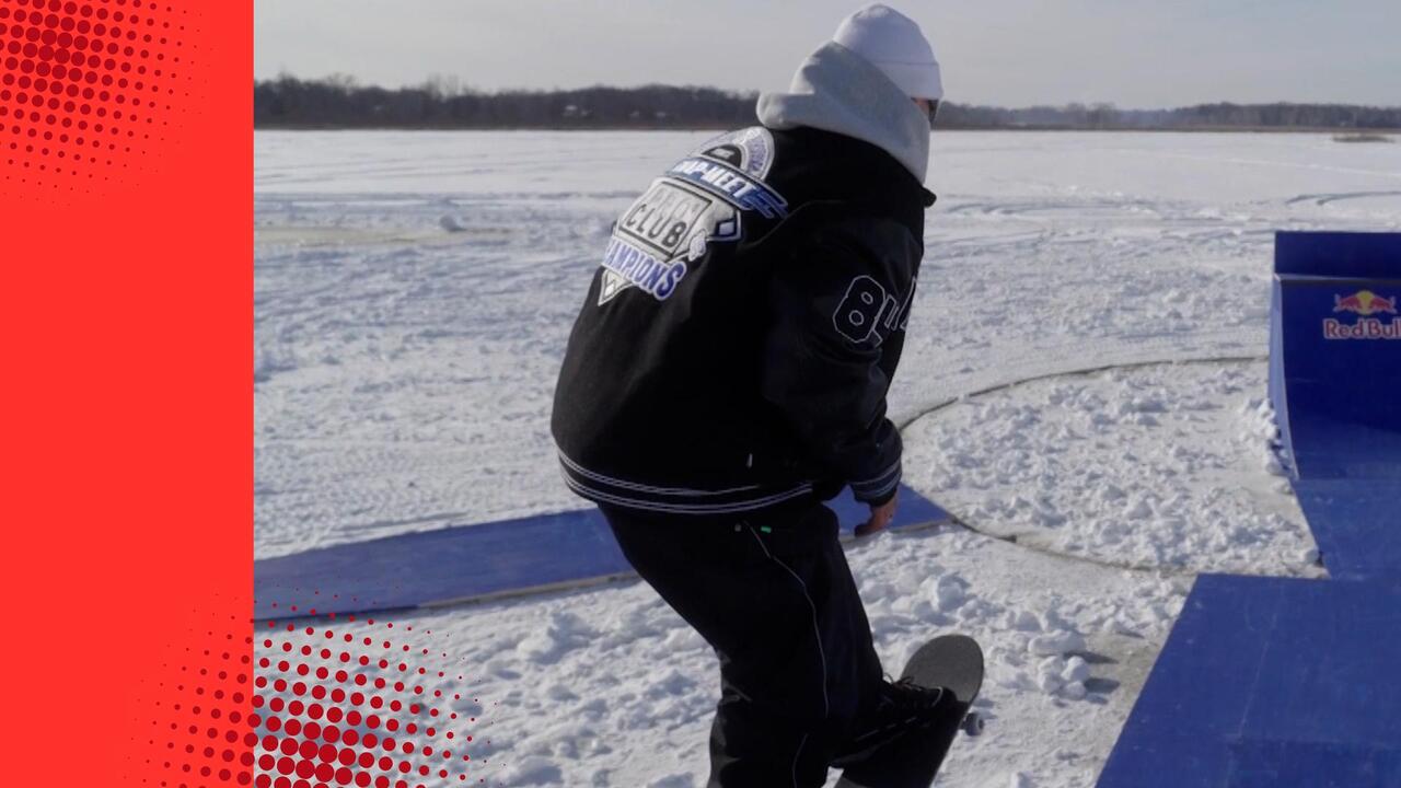 Ice-breakers! Skateboarders shine on winter-ful snowy carousel in a custom-made glacial skatepark on Coon Lake