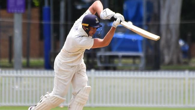 UQ batsman Angus Lovell Cricket action between UQ v Redlands Saturday December 17, 2022. Picture: John Gass