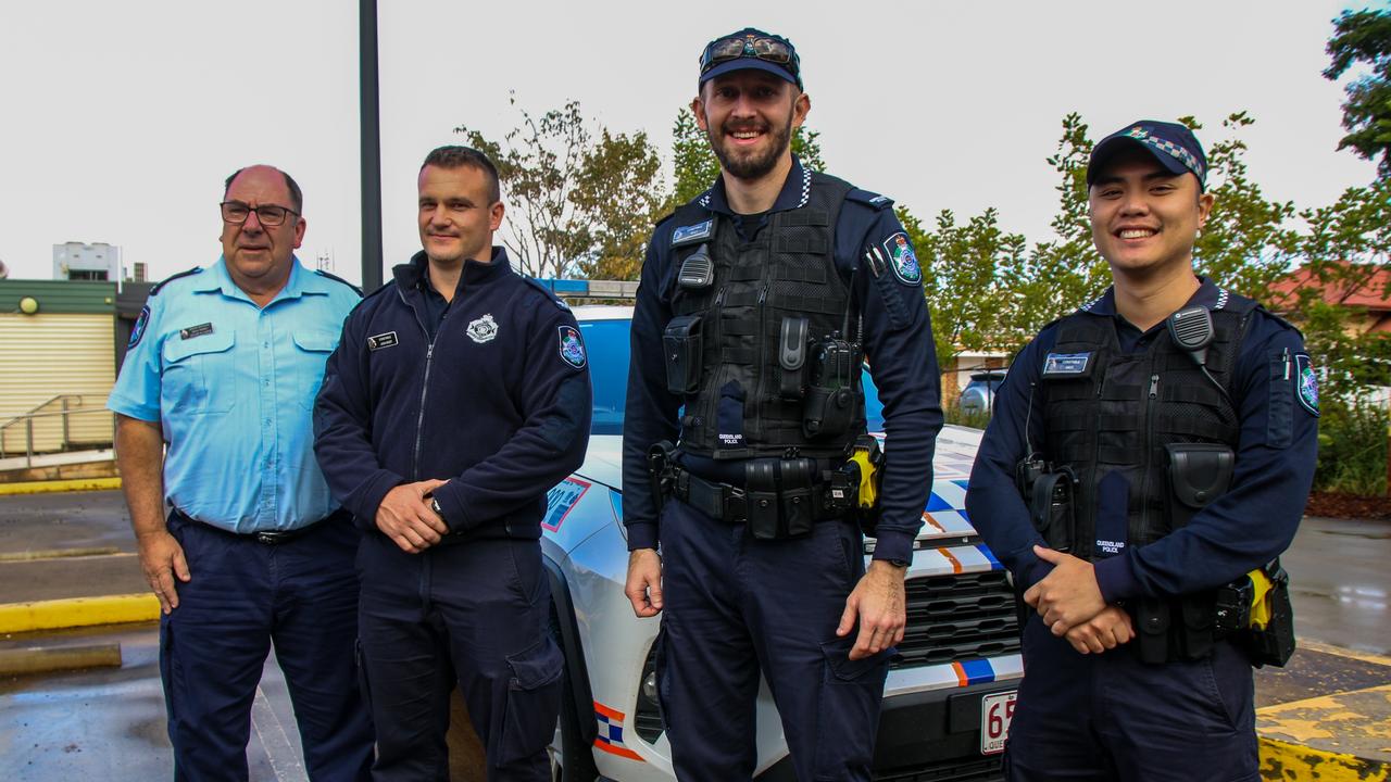 Kingaroy Police OIC David Tierney with new recruits Constables Josh Dodt, Michael Freeleagus and Kristoffer Joven. Picture: Holly Cormack