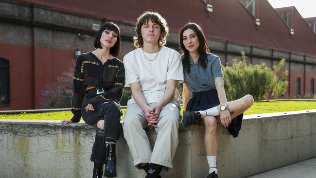 The Veronicas, Lisa and Jessica Origliasso, with rapper Allday, Tom Gaynor, in Sydney. Picture: Justin Lloyd