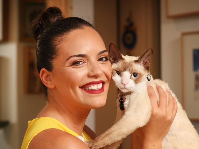 Show some love to your pets for Valentine's Day. Actress Olympia Valance with one of her two cats Jerry the Devon Rex.                     Picture: David Caird