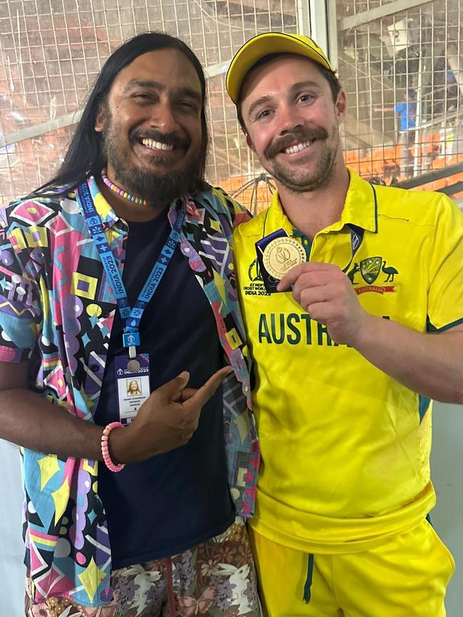 Bharat with Travis Head minutes after his fellow South Australian had led Australia to a famous World Cup final win in Ahmedabad, November 2023.