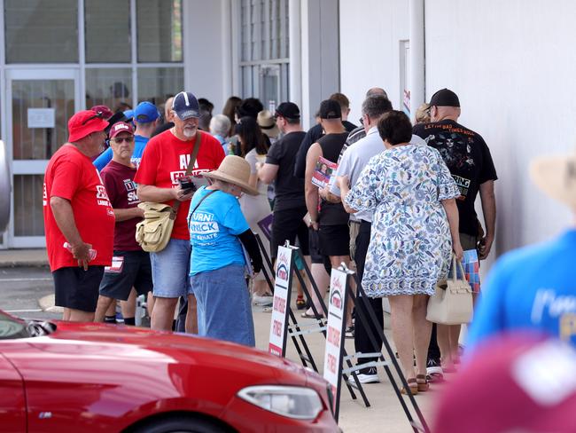 People line up at the election booth, in the seat of Dickson where Peter Dutton is the sitting member. Picture: Steve Pohlner