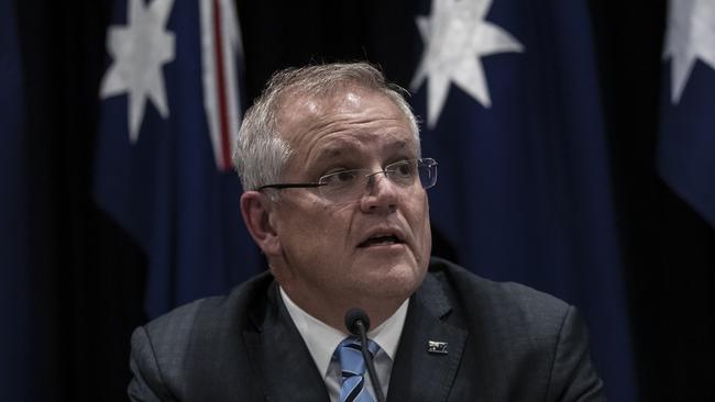 Prime Minister Scott Morrison at a press conference announcing that all mass gatherings of 500 people or more are cancelled from Monday. Picture: Brook Mitchell/Getty Images