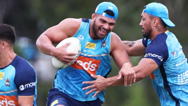 ECONOMICAL PLAYING: Gold Coast Titans debut David Fifita (centre) will be in action during the trial match against the New Zealand Wariors on Saturday February 27, 2021 in Lismore and the game is expected to help generate much needed income for the area. Photo: Jason O'Brien