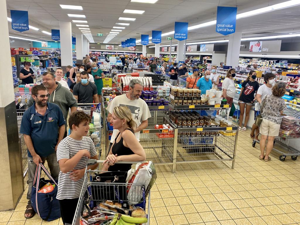 Lines of shoppers waiting for the checkout at Aldi, Stones Corner, Brisbane. Picture: NCA NewsWire