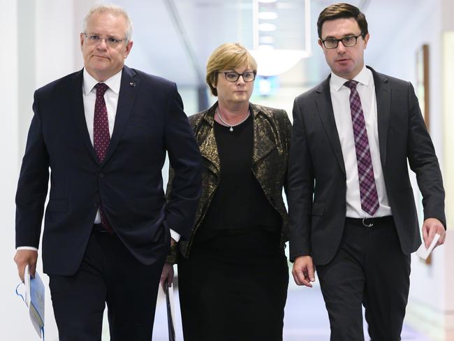 L-R: Prime Minister Scott Morrison, Defence Minister Linda Reynolds and Water Resources Minister David Littleproud at Parliament House in Canberra on Sunday. Picture: Rohan Thomson/Getty