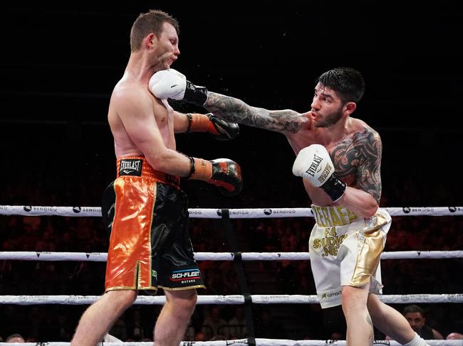 Jeff Horn takes a hard right from Michael Zerafa at the Bendigo Stadium on August 31. (AAP Image/Michael Dodge)