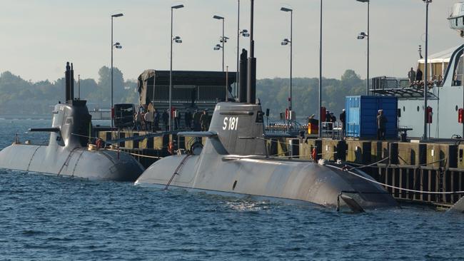 20 May, 2015 - Two Germany Navy Type 212 submarines built by TKMS tied up alongside at their base near Kiel in northern Germany. Picture TKMS.