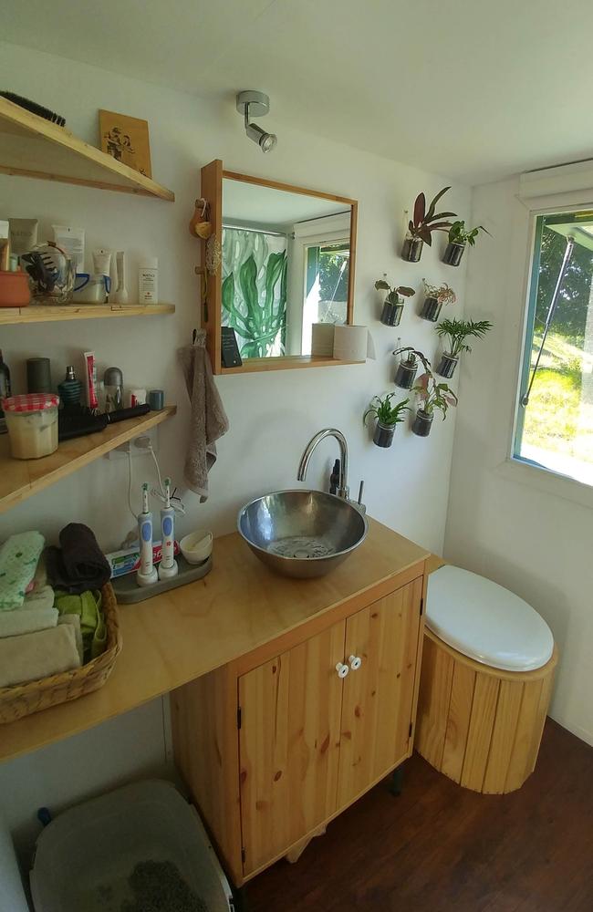 The couple’s bathroom includes a DIY composting toilet (so they can re-use the composted waste after 12 months in their garden). Picture: Media Drum World/Australscope 