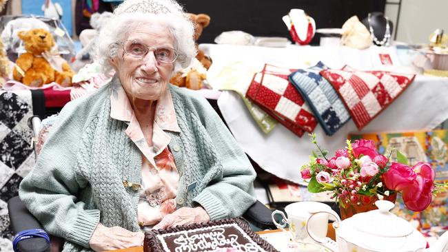 Gertrude “Gertie” Booth celebrating her 108th birthday at Blue Care Elanora Pineshaven Aged Care Facility in Palm Beach. Picture: Tertius Pickard.