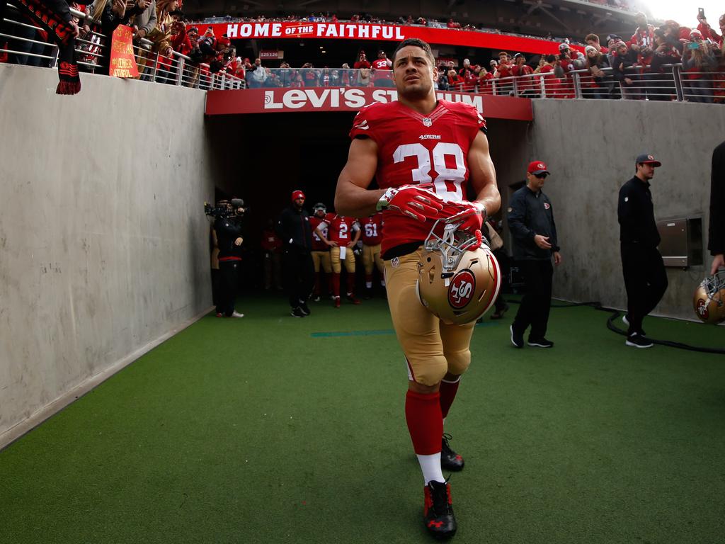 Jarryd Hayne walks onto the field against the St Louis Rams in 2016 in Santa Clara, California. Picture: Ezra Shaw/Getty Images