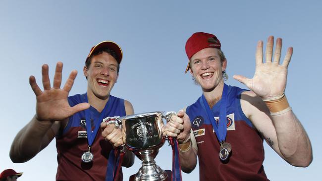 Horsham Demons co-captains Jeremy Hartigan and Nic Pekin after the club won its 10th premiership in a row. Picture: Yuri Kouzmin