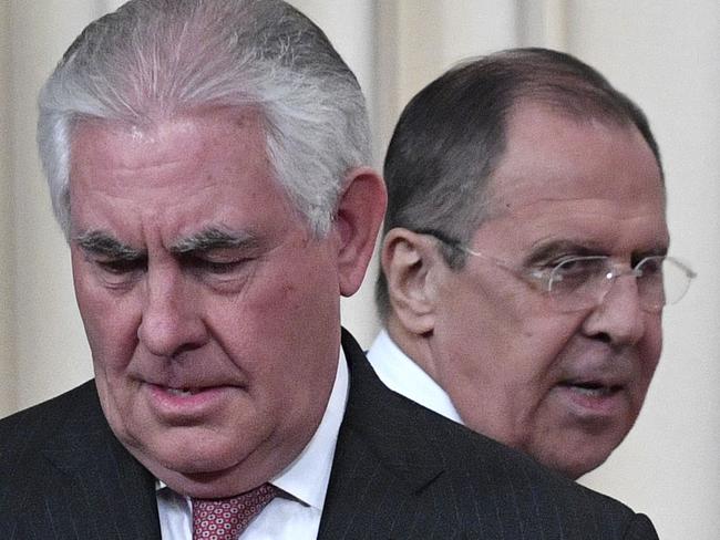 Russian Foreign Minister Sergei Lavrov (right) and US Secretary of State Rex Tillerson held tense talks in Moscow. Picture: AFP/Alexander Nemenov