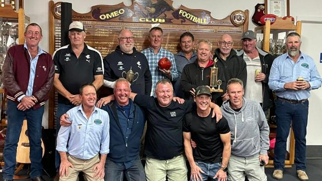 ODFL life member Brendan Ah Sam, bottom row far left, with teammates from Omeo's 1991-92 premierships. Picture: Supplied