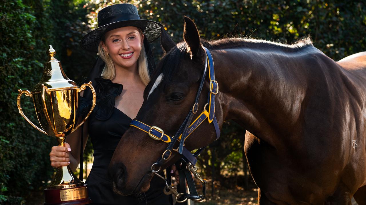 Race favourite Bear Story, trained by Neil Dyer, with Darwin Cup Carnival ambassador Bronte Pearson ahead of the 2024 Darwin Cup. Picture: Pema Tamang Pakhrin