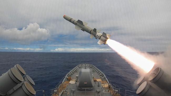 HMAS Stuart conducts a live harpoon missile firing during Exercise Rim in the Pacific. Picture: Department of Defence