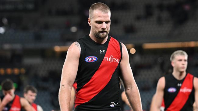 MELBOURNE, AUSTRALIA - JULY 19: Jake Stringer of the Bombers looks dejected after the round 19 AFL match between Essendon Bombers and Adelaide Crows at Marvel Stadium, on July 19, 2024, in Melbourne, Australia. (Photo by Daniel Pockett/Getty Images)