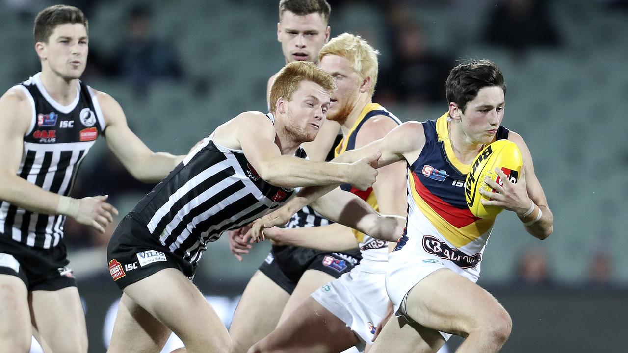 SANFL - QUALIFYING FINAL - Port Adelaide Magpies v Adelaide Crows  at Adelaide Oval. Chayce Jones and Willem Drew Picture SARAH REED