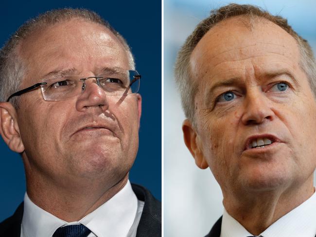 A composite image created on Tuesday, April 2, 2019 of,  Prime Minister Scott Morrison speaks at a press conference in Perth on Thursday, March 28, 2019. (AAP Image/Richard Wainwright) NO ARCHIVING **** Leader of the Opposition Bill Shorten speaks to the media during a visit to Holmesglen TAFE in Melbourne, Wednesday, March 27, 2019. (AAP Image/Erik Anderson) NO ARCHIVING