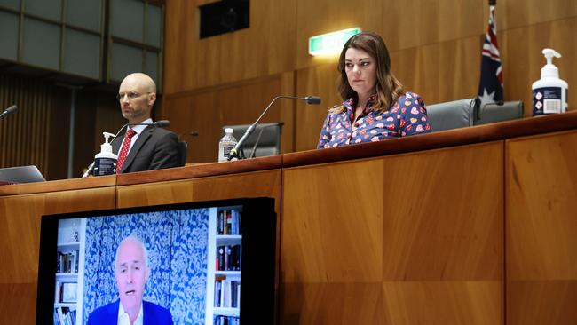 Senator Sarah Hanson-Young listening to Malcolm Turnbull via a video link during the Senate’s media diversity inquiry hearings last week.Picture: Gary Ramage