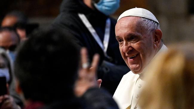 Pope Francis arrives to lead a rosary prayer for the beginning of the month of May. Picture: AFP