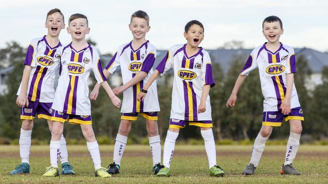 Glenmore Park under 8 Gala Blues Will Jones, 8, Ethan Maclean, 8, Liam Maclean, 8, Colby Tran, 8, and Zack Dimech, 8, practising their celebration dances. Picture: Justin Lloyd.