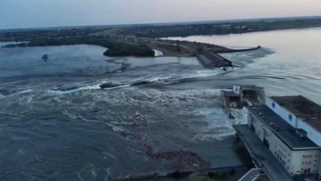 This handout picture released by the state-owned company Ukrhydroenergo shows the Kakhovka hydroelectric dam which was damaged in Nova Kakhovka, near Kherson. Picture: AFP