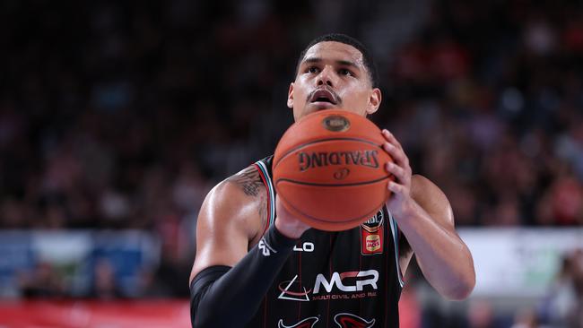 WOLLONGONG, AUSTRALIA - MARCH 05: Trey Kell III of the Hawks shootsduring game three of the NBL Semi Final Series between Illawarra Hawks and South East Melbourne Phoenix at WIN Entertainment Centre, on March 05, 2025, in Wollongong, Australia. (Photo by Matt King/Getty Images)