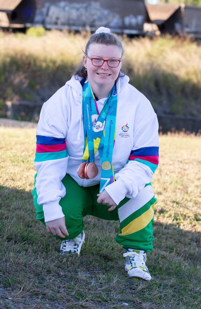 Georgia Nugent came back to Australia to celebrate her 18th birthday after winning three bronze medals in the 2023 Berlin Special Olympics. Picture: Tracey Devereaux