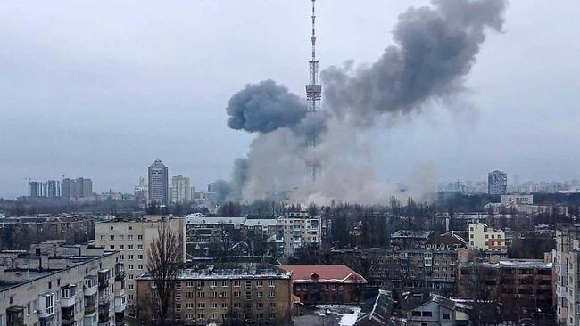 Offensive: a Russian missile strike on the Ukrainian capital’s TV centre. Picture: AFP / Facebook