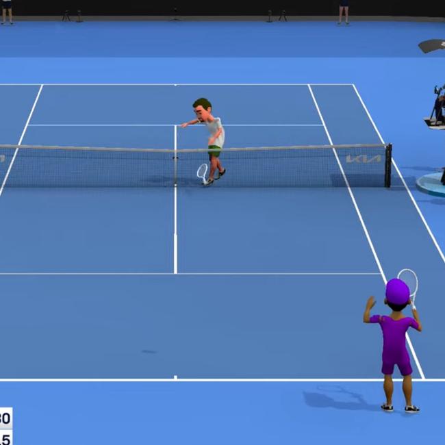 A startled animated version of Kasidit Samrej (bottom right) watches on as animated Daniil Medvedev smashes the net in anger during the third set of their first-round clash. Picture: Australian Open TV / YouTube