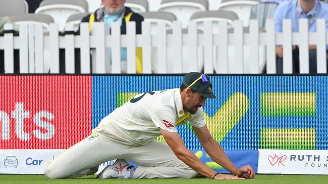 Not out? Mitchell Starc was deemed to have not been in control of his body when taking this catch. Picture: Getty