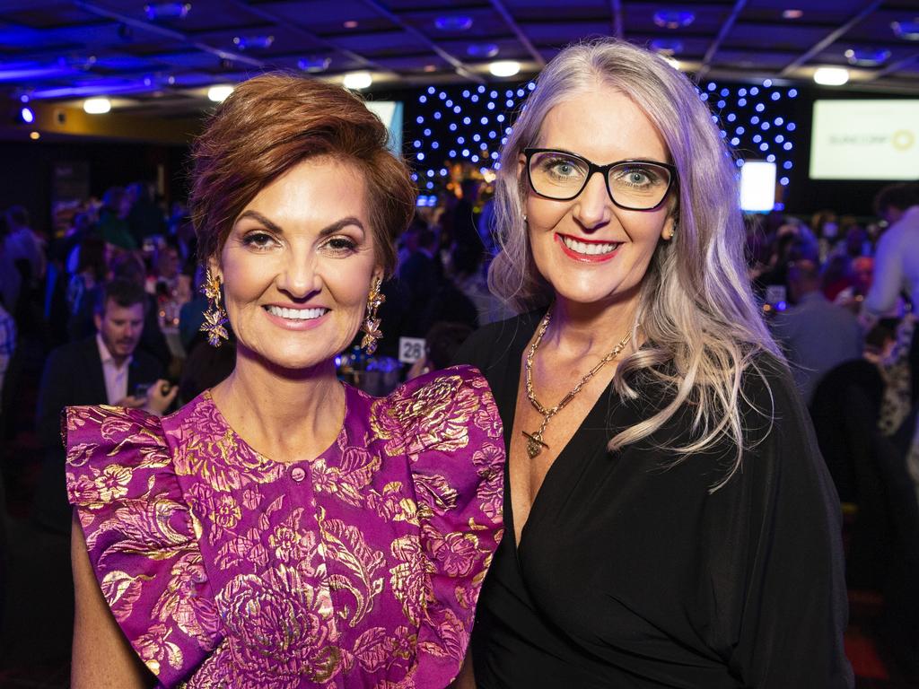 Leesa Siebenhausen (left) and Melinda Wendland at the Toowoomba Hospital Foundations Legends at their Game luncheon at Rumours International, Friday, May 5, 2023. Picture: Kevin Farmer