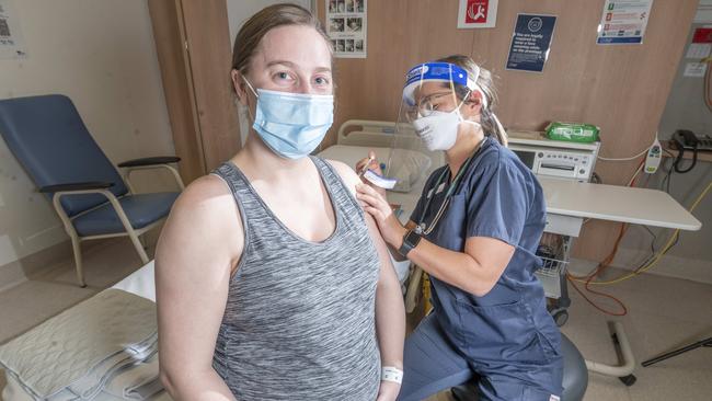 Pregnant woman Ayme Limmer is getting her vaccine at 24 weeks pregnant. Picture: Rob Leeson.