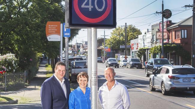 Burwood state Labor MP Will Fowles, Roads Safety Minister Jaala Pulford and Burwood Traders Association president Wayne Stoll welcomed the 40km/h zone in Burwood Village. Picture: Rob Leeson.