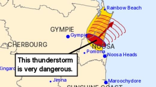 A very dangerous storm is impacting Noosa and the Gympie council area this afternoon. Picture: BOM