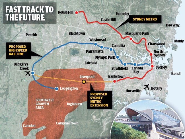 A map detailing the proposed fast track rail network, with the Sydney Metro station model shown bottom right.