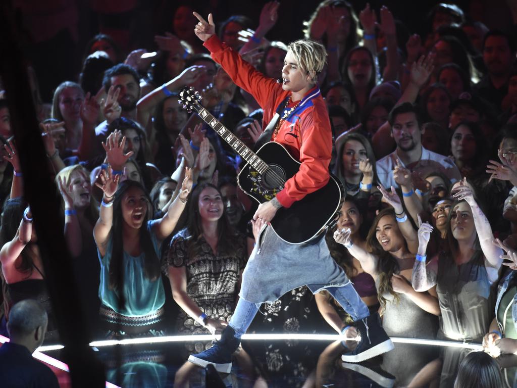 Justin Bieber performs “Love Yourself” and “Company” during the iHeartRadio Music Awards at The Forum on April 3, 2016 in Inglewood, California. Picture: AP