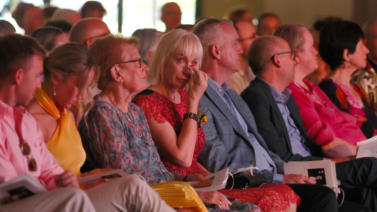 Suzie Lightfoot wipes a tear for her late ex-husband Daniel Lightfoot at his funeral on Thursday. Picture: NCA NewsWire/Tertius Pickard